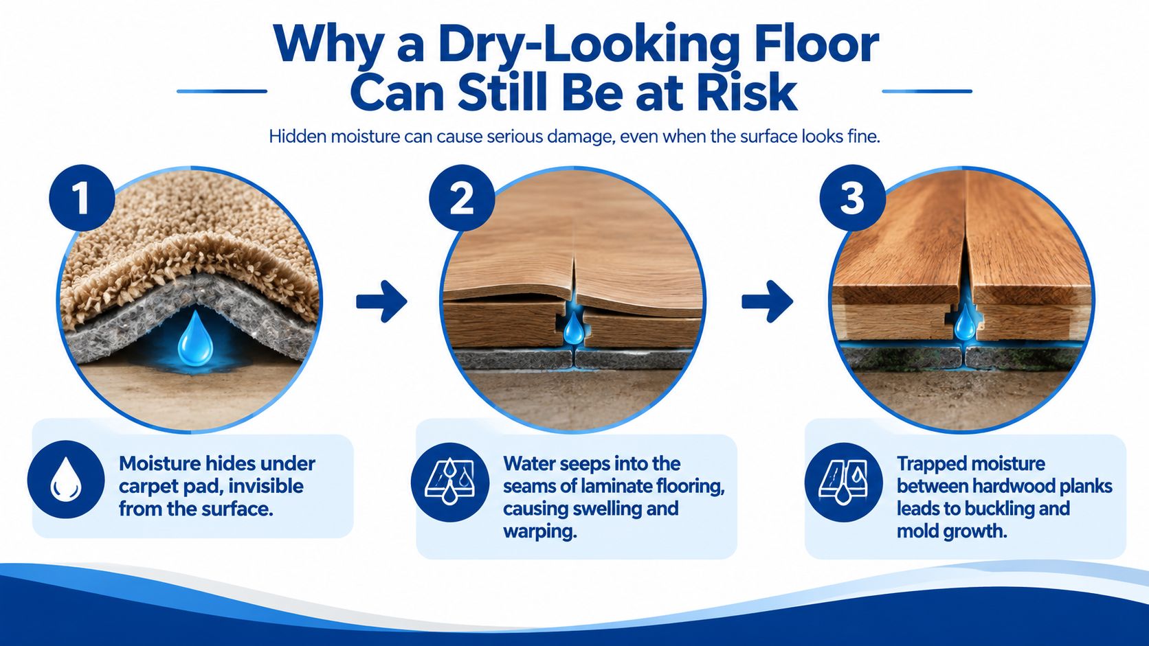 A diagram illustrating how hidden moisture damages different types of residential flooring including carpet, laminate, and hardwood.