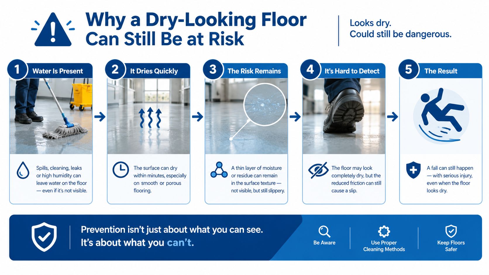 A five-step infographic showing how floors can remain dangerously slippery even after appearing to be dry.
