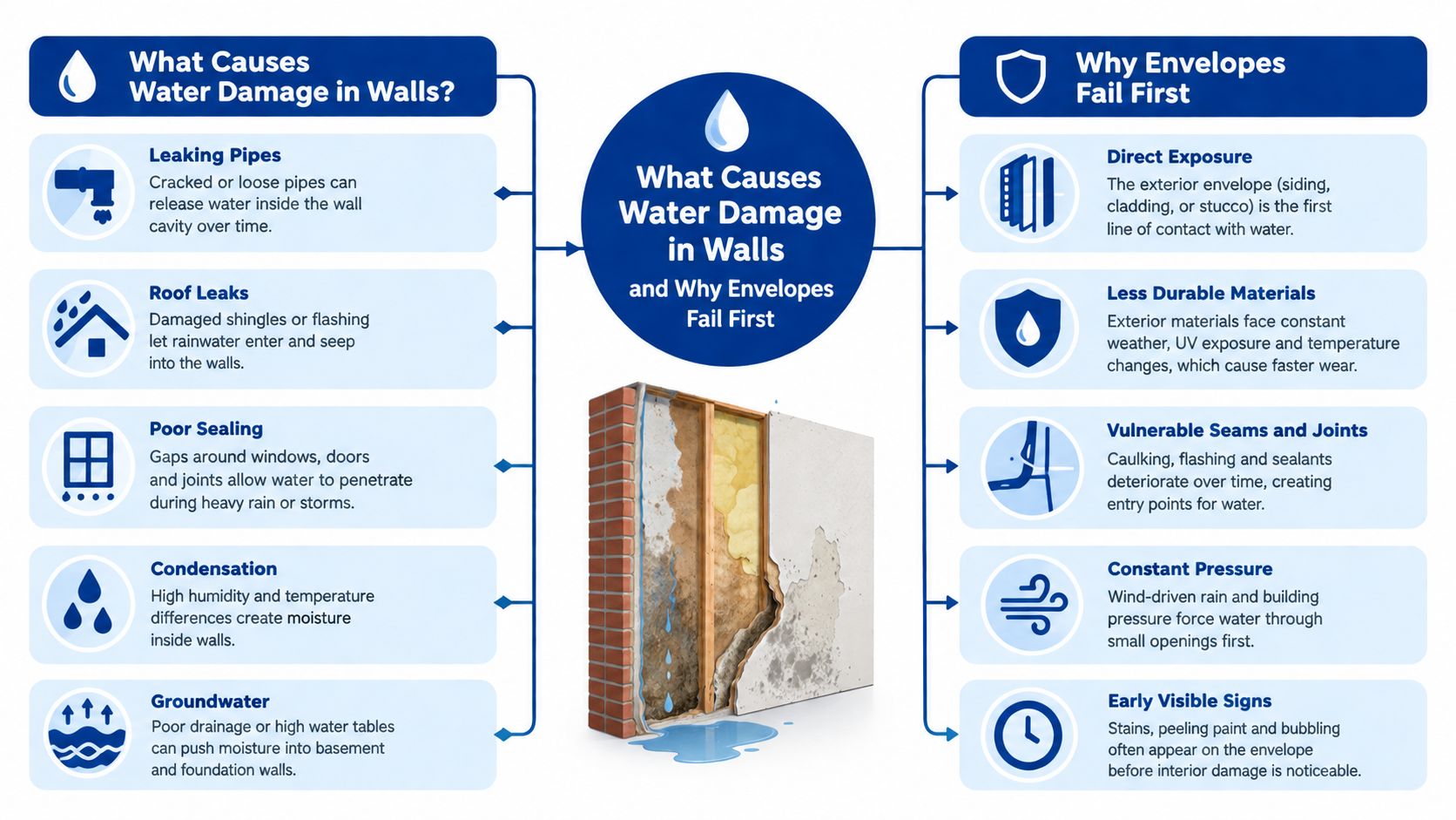 An infographic showing common causes of water damage in walls and reasons why building envelopes often fail.