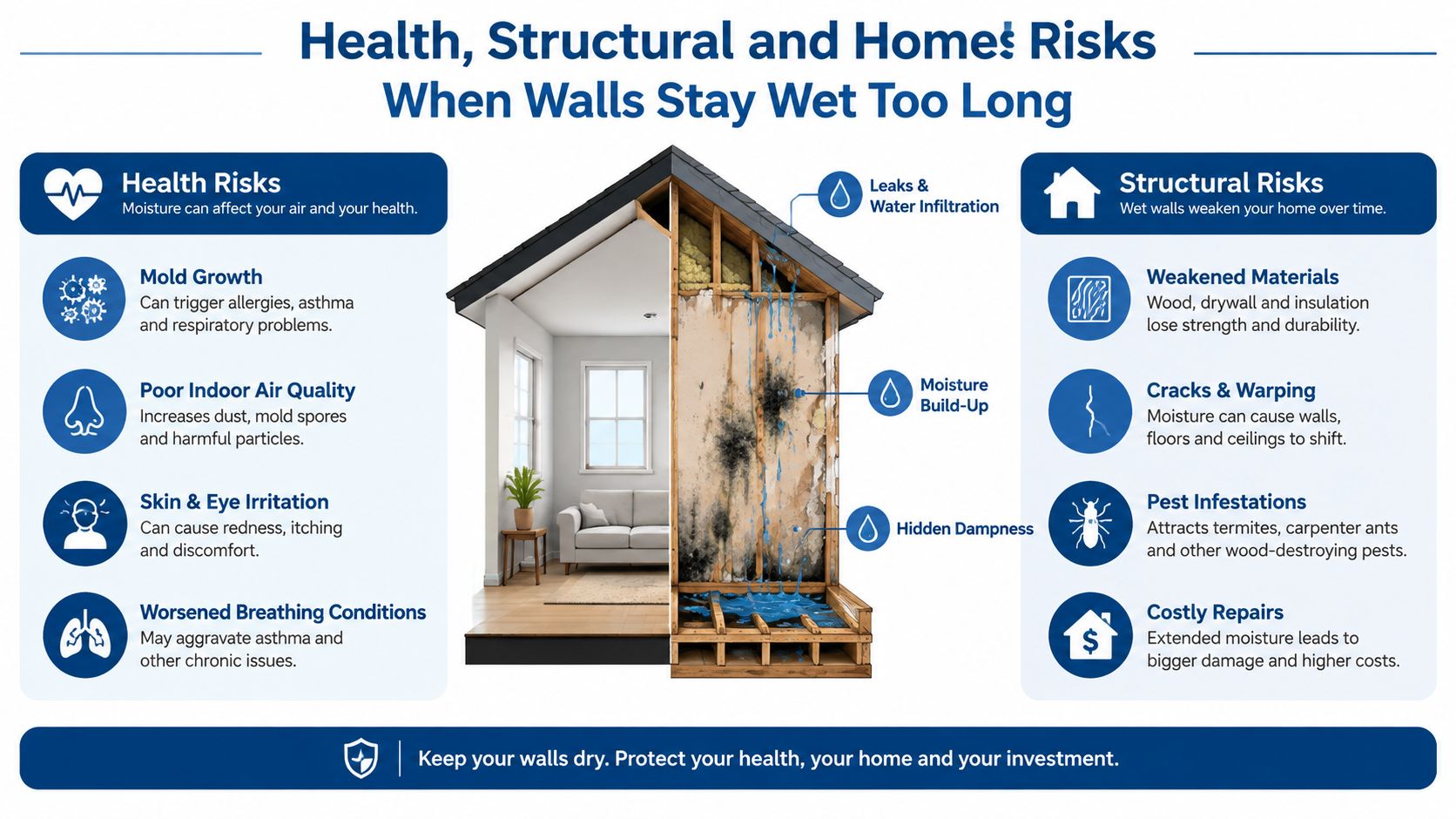 An infographic detailing the health and structural risks to a home caused by long-term wall water damage.