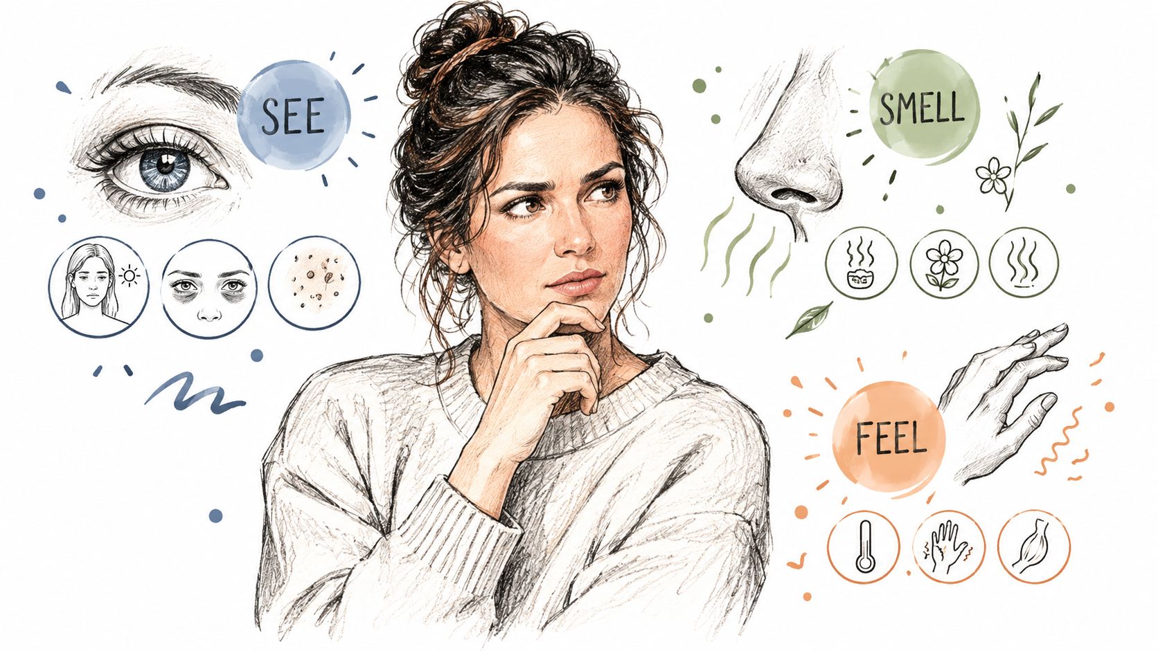 A woman contemplating facial symptoms and environmental triggers, depicted with illustrative icons for seeing, smelling, and feeling.