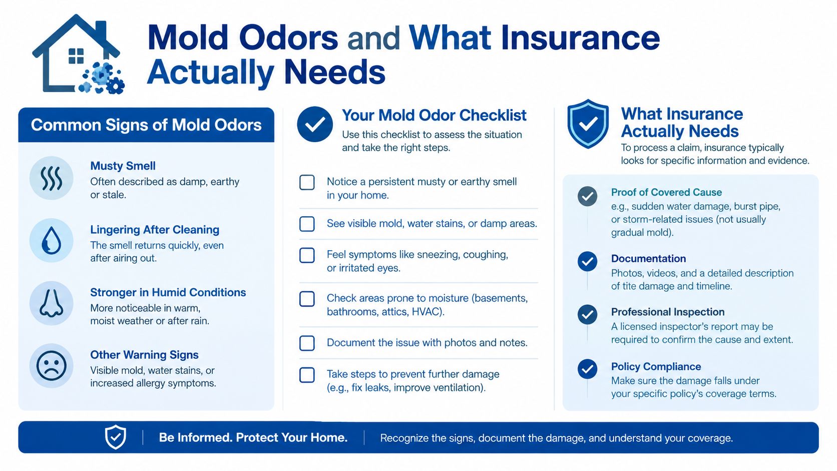 An infographic detailing signs of household mold odors and the specific documentation required for insurance claims.