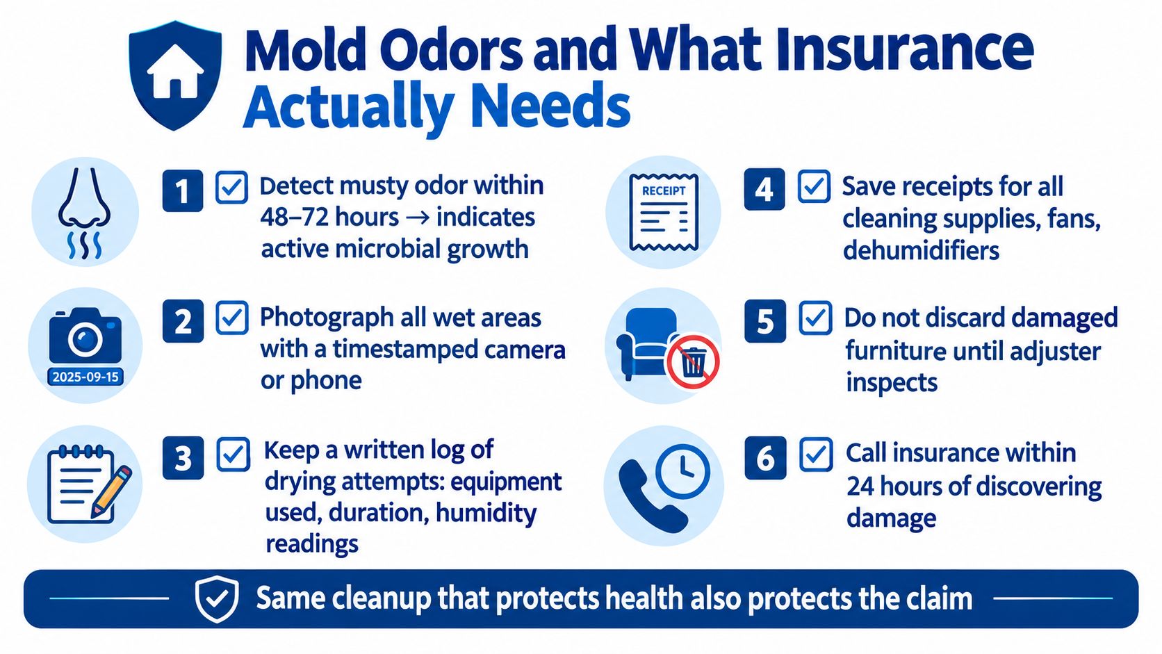 A step-by-step infographic titled Mold Odors and What Insurance Actually Needs, detailing property damage documentation procedures.