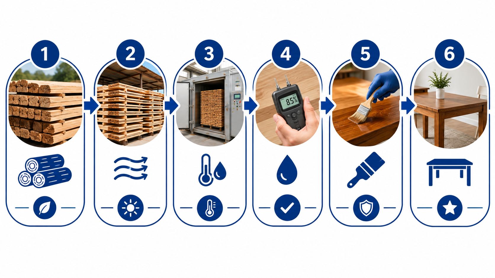 A six-step infographic showing the wood manufacturing process from raw timber to finished wooden furniture.