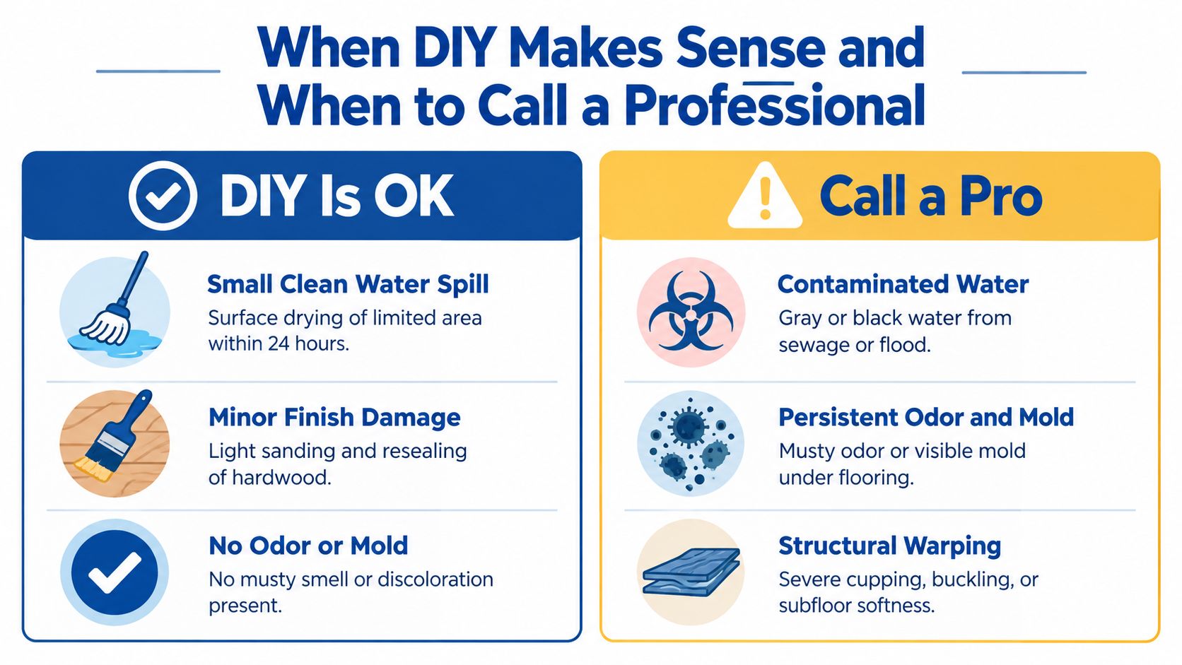A comparison chart outlining when to perform DIY water damaged floor repair versus calling a professional contractor.