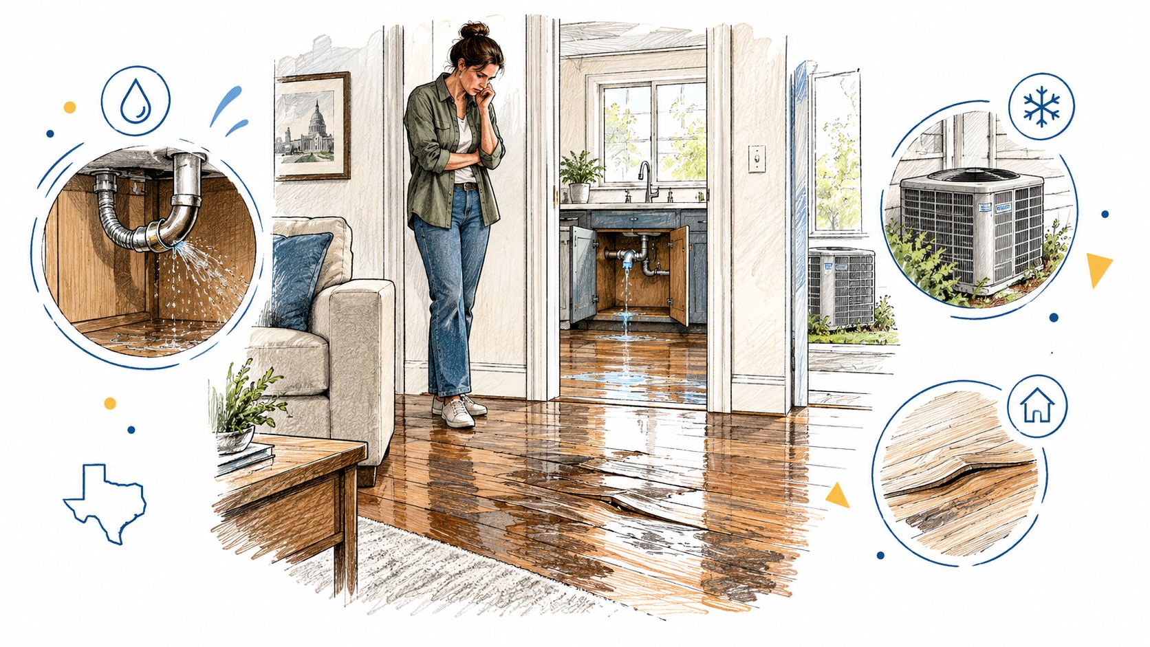A concerned woman stands in a flooded house experiencing water pipe leaks and damaged hardwood flooring.