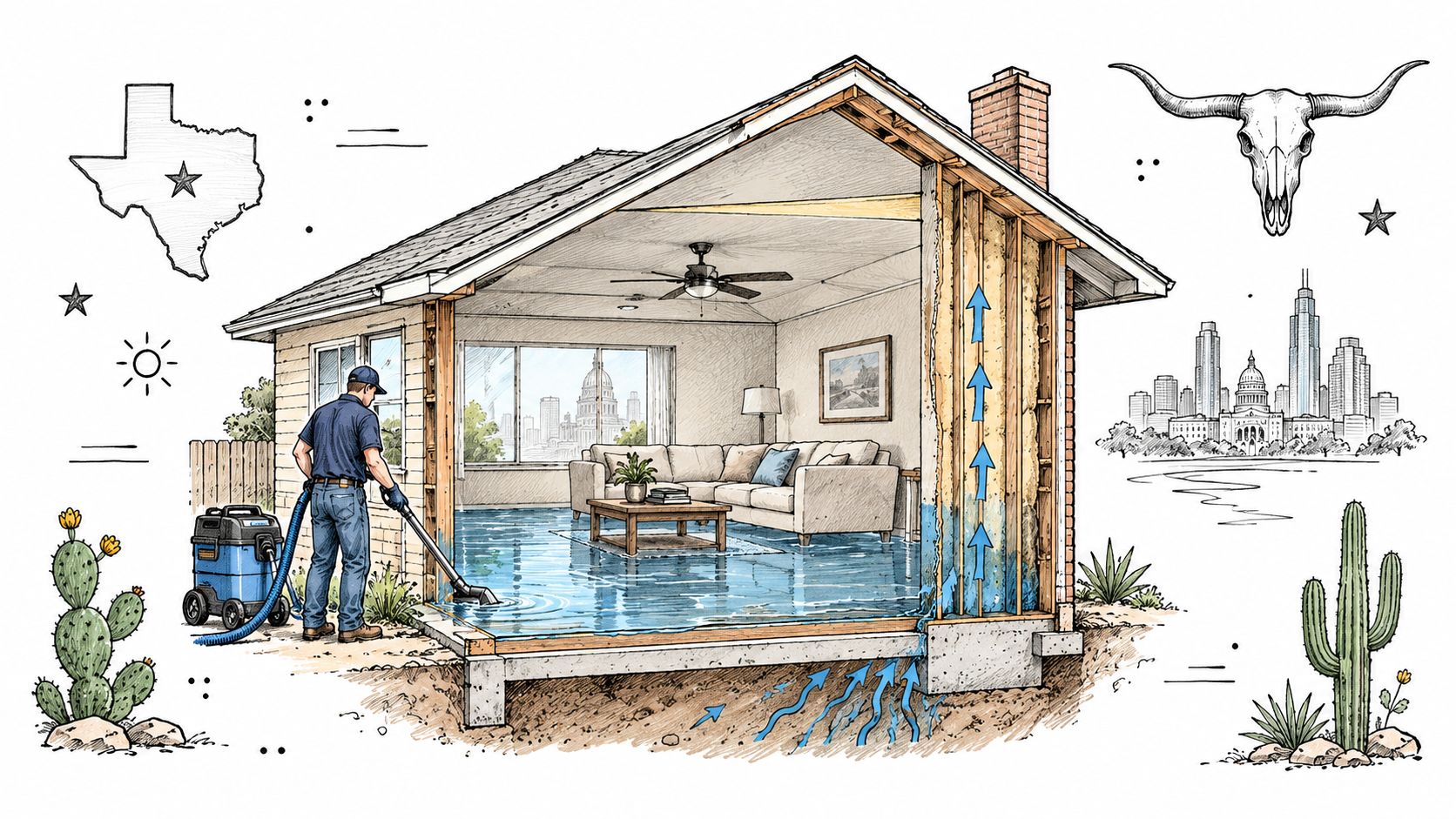A professional water extraction technician cleaning flooded living room floors in an Austin home illustration.