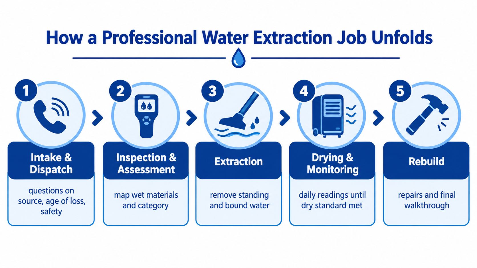 A step-by-step infographic showing the five stages of a professional water extraction and restoration process.