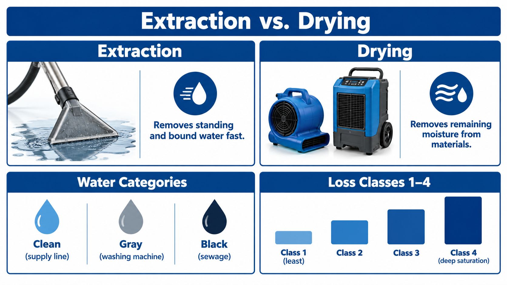 An infographic showing the difference between water extraction and drying equipment, water categories, and loss classes.