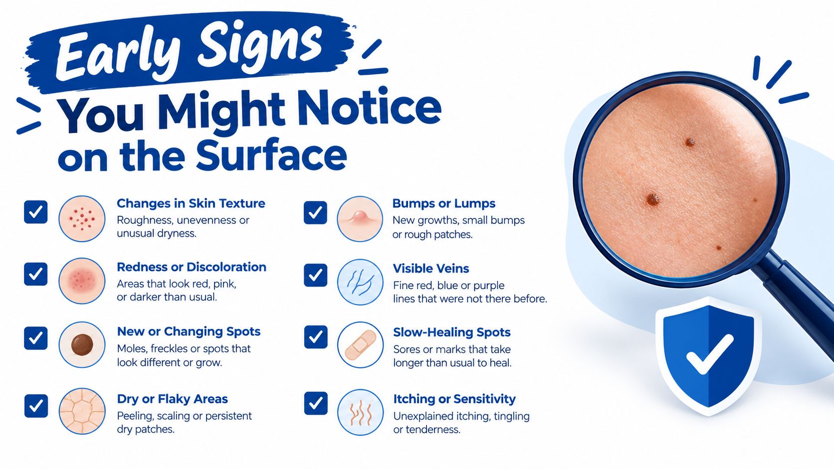 A health infographic highlighting eight common early signs of skin conditions to check for on the surface.