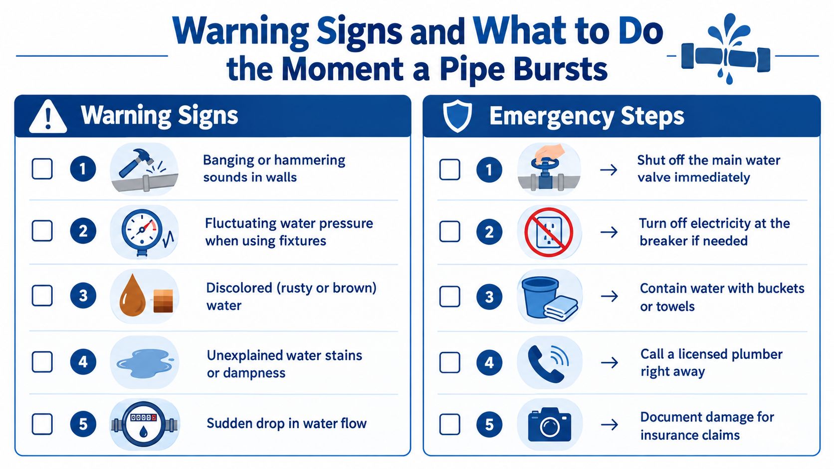 An infographic detailing five warning signs of a burst pipe and five essential emergency response steps to take.
