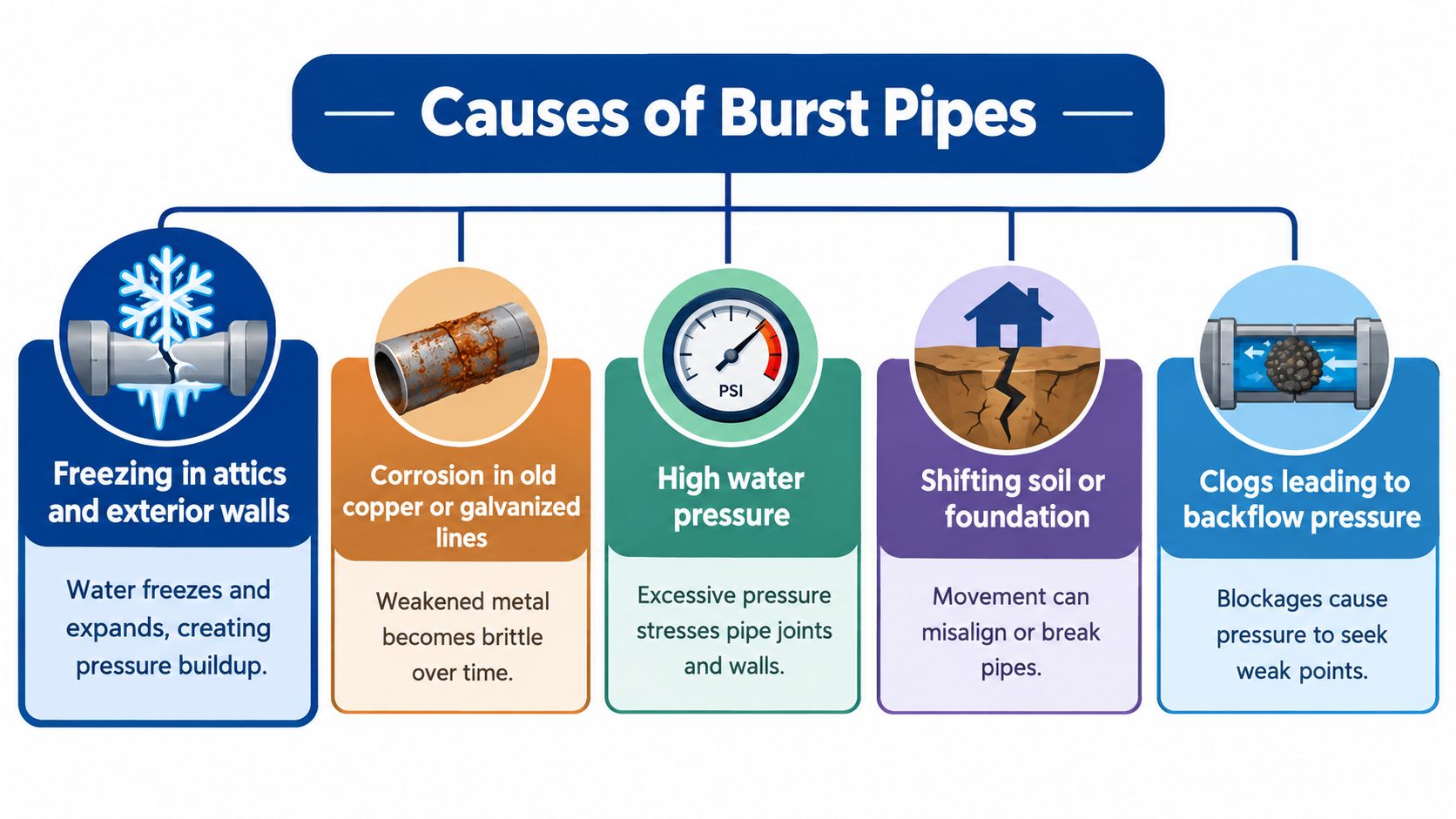 An infographic illustrating five common causes of burst pipes, including freezing, corrosion, high pressure, shifting soil, and clogs.