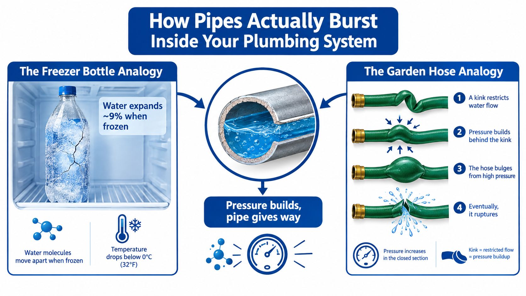 An infographic showing how freezing temperatures and pressure buildup cause plumbing pipes to burst and rupture.