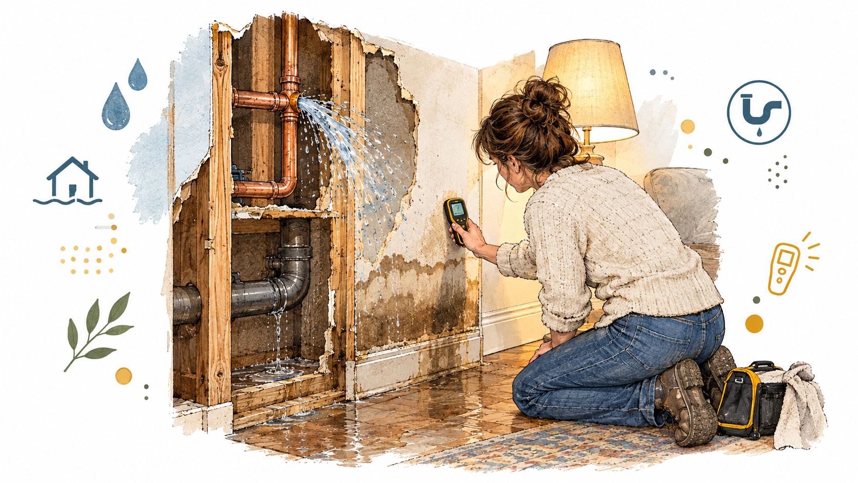 A professional plumber uses a moisture meter to detect water damage on a wall near a burst pipe.