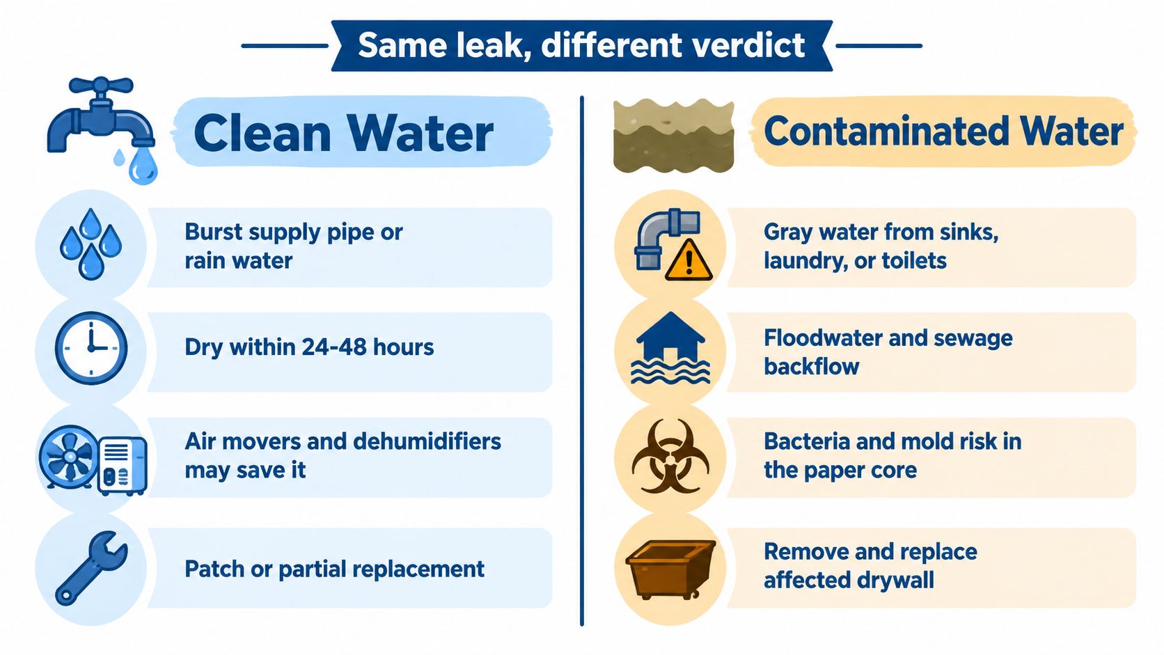 A comparison chart showing how water source affects drywall repair, distinguishing between clean water and contaminated water.
