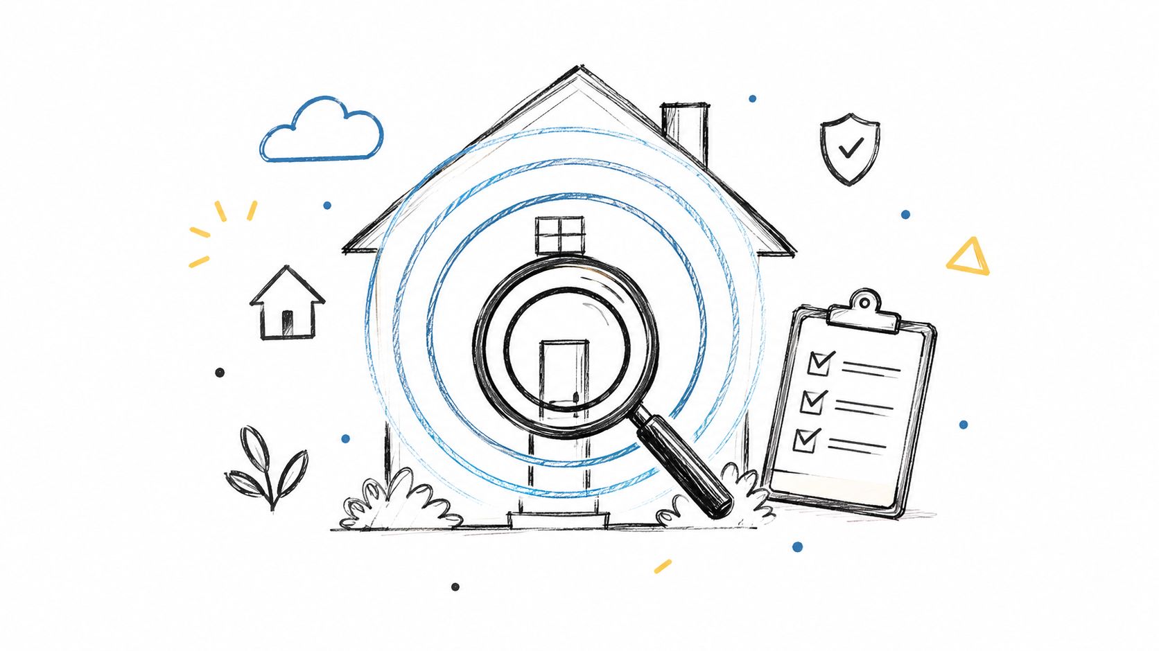 A hand-drawn illustration showing a house, a magnifying glass, and a checklist representing property inspection services.