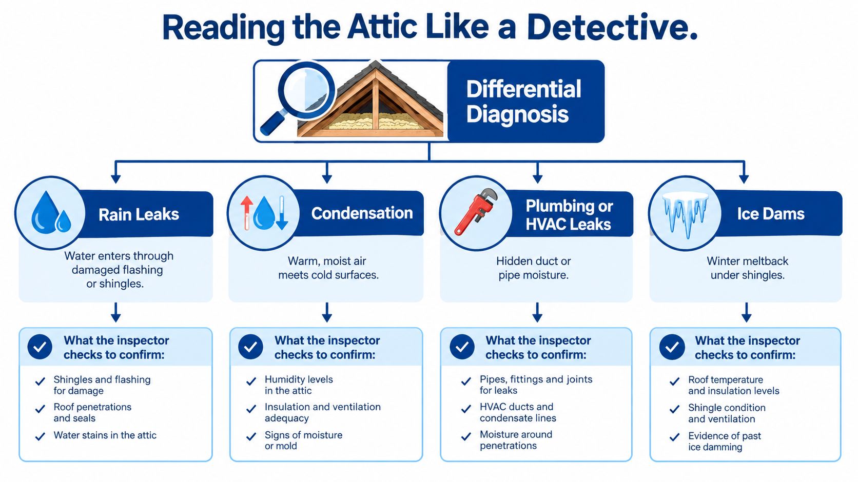 An infographic detailing a differential diagnosis process for identifying common attic moisture problems like leaks and mold.