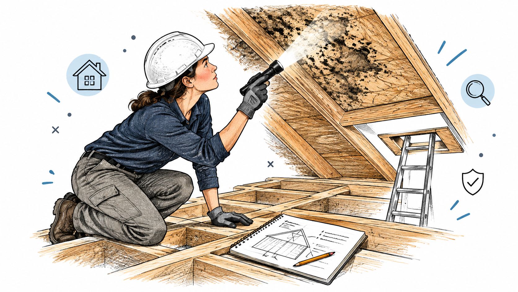 A professional inspector in a white hard hat uses a flashlight to examine attic mold growth.