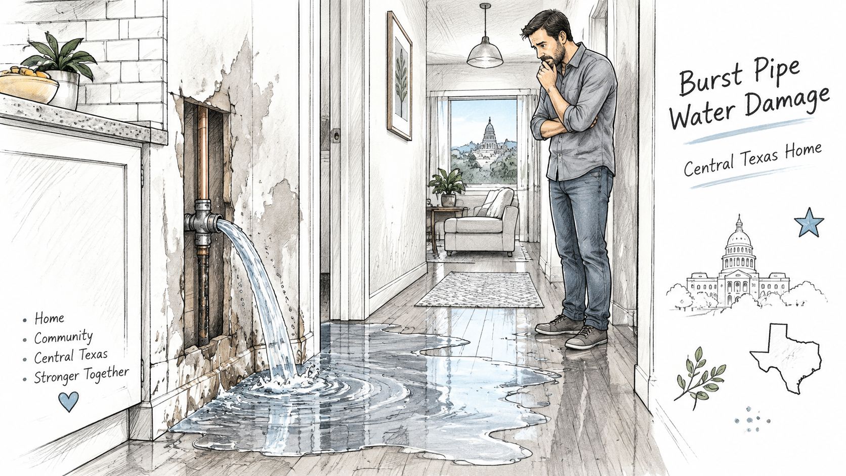 A concerned man stands in his home watching water burst from a damaged pipe in the wall.