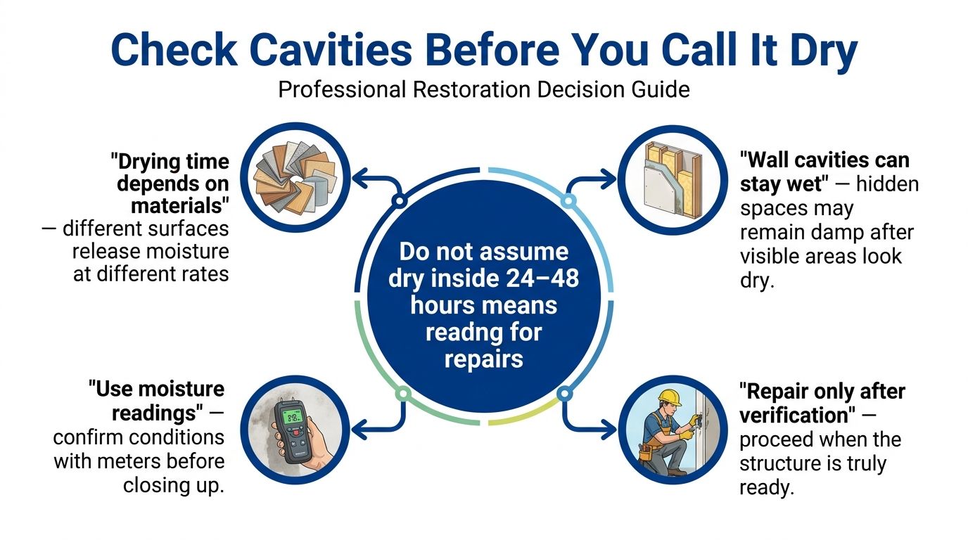 An infographic titled Check Cavities Before You Call It Dry for professional water damage restoration decision making.