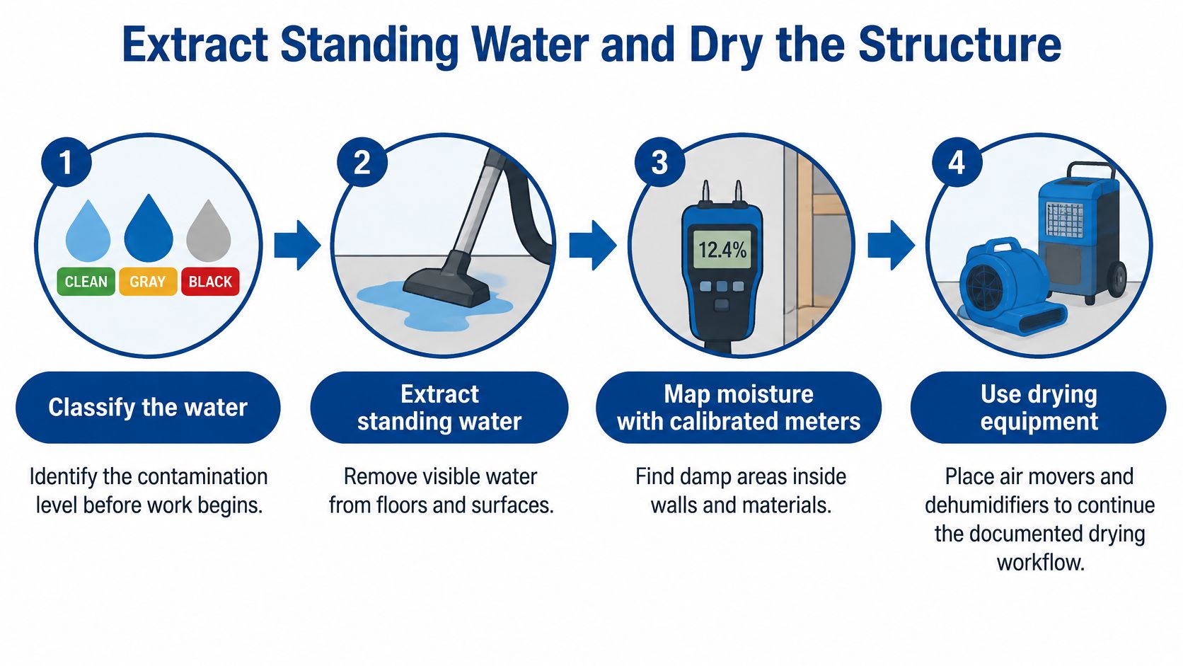 A four-step infographic illustrating the professional process for extracting standing water and drying a structure after damage.