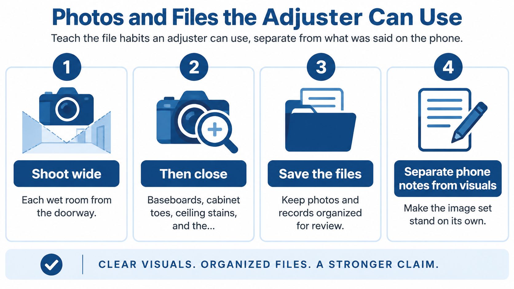 An infographic showing four steps for adjusters to document property damage with clear photos and organized records.