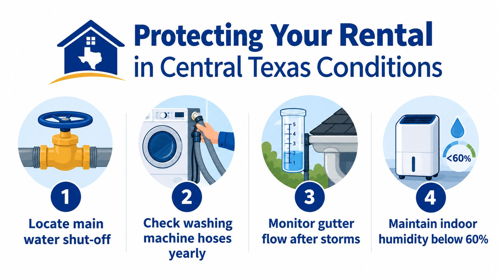 An infographic showing four steps to prevent water damage in rental properties in Central Texas.