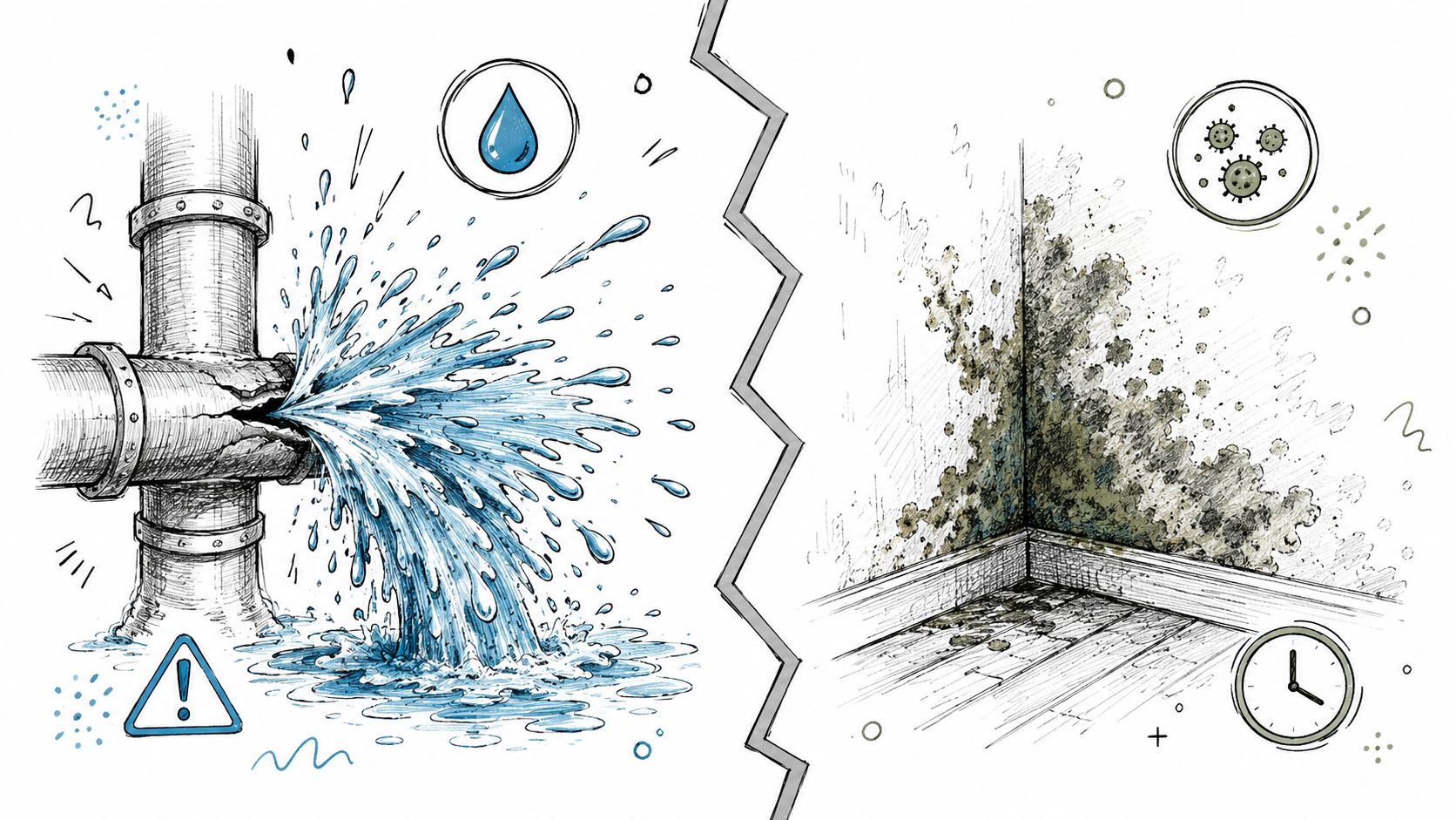 A split illustration showing a burst pipe leaking water and mold growing in the corner of a room.