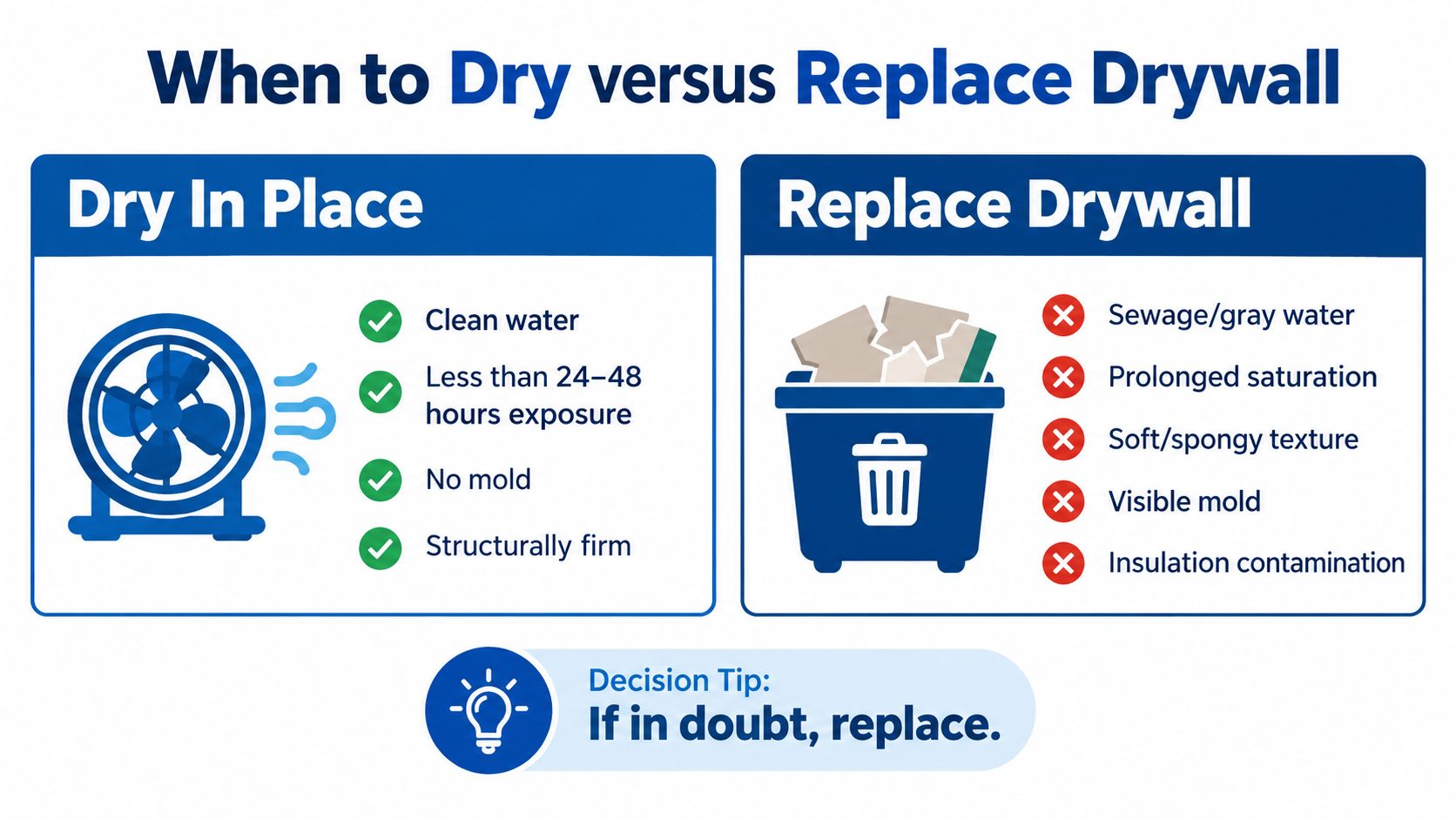An infographic comparing when to dry in place or replace drywall after water damage occurs.