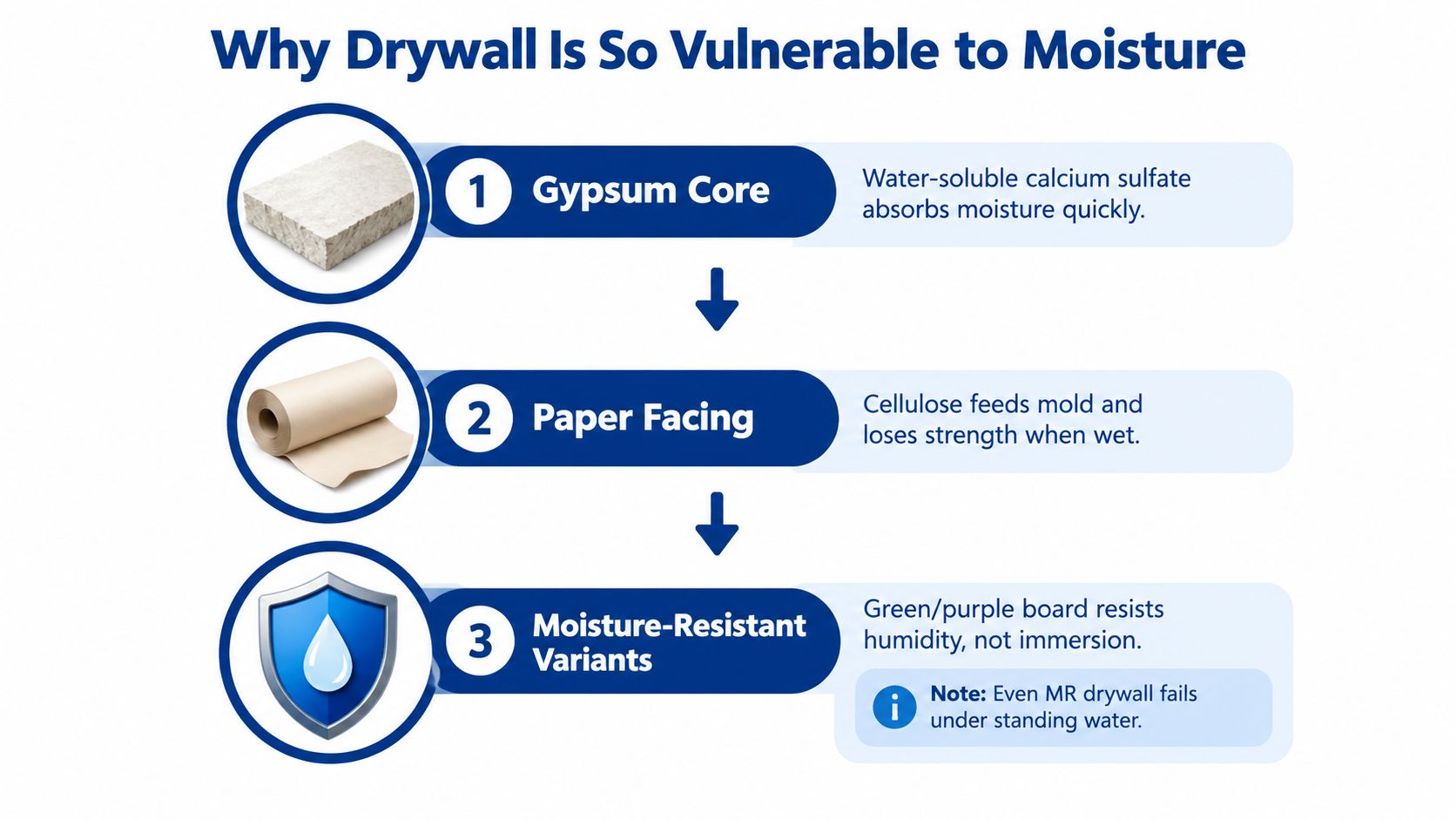 A diagram explaining three primary reasons why drywall is vulnerable to moisture damage and structural failure.