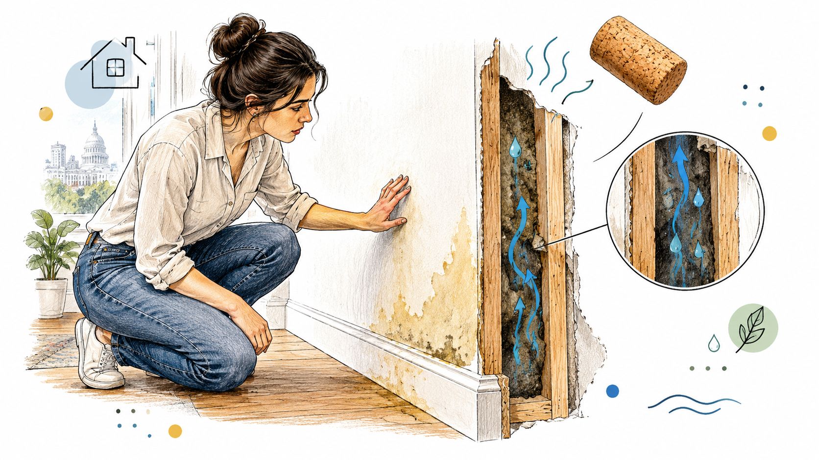 A woman inspecting a damaged wall showing signs of moisture and hidden water damage behind the structure.