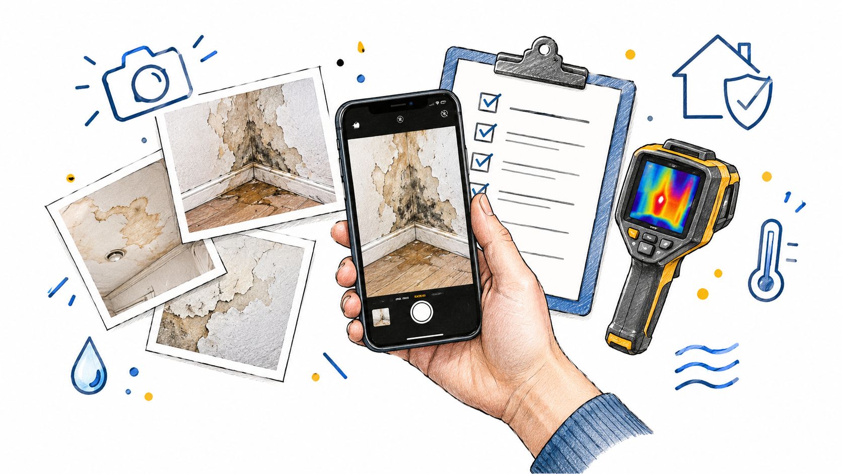 A hand holding a smartphone documenting water damage and mold on walls with a thermal camera.