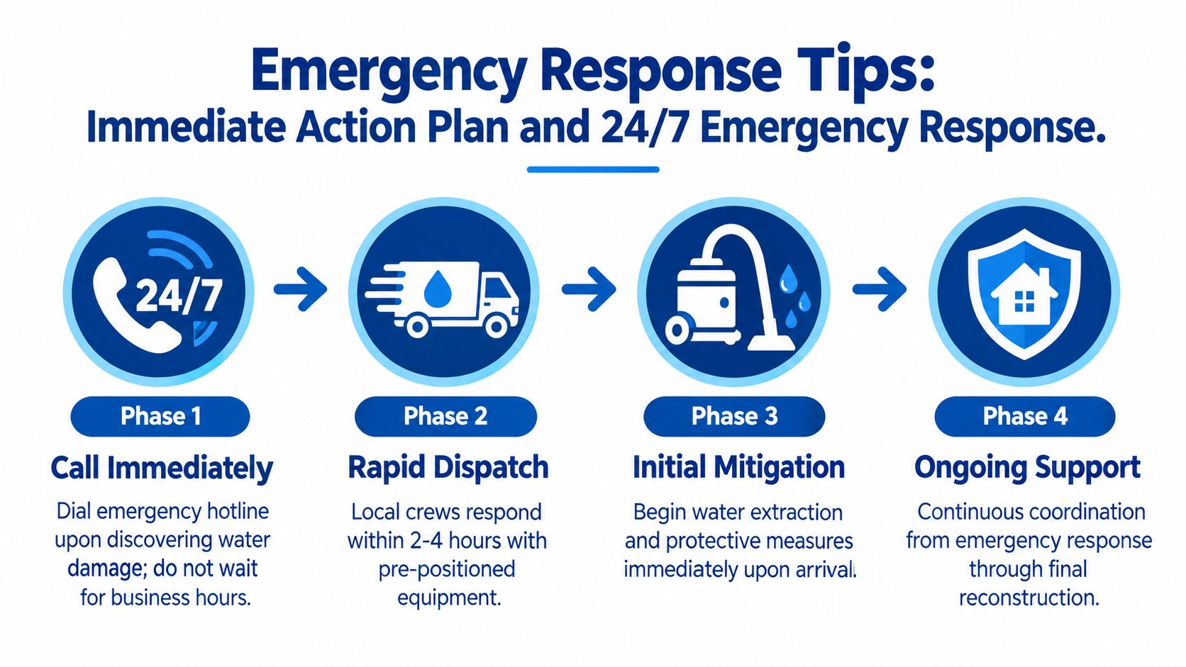 A four-phase infographic showing the step-by-step emergency response process for professional water damage remediation services.