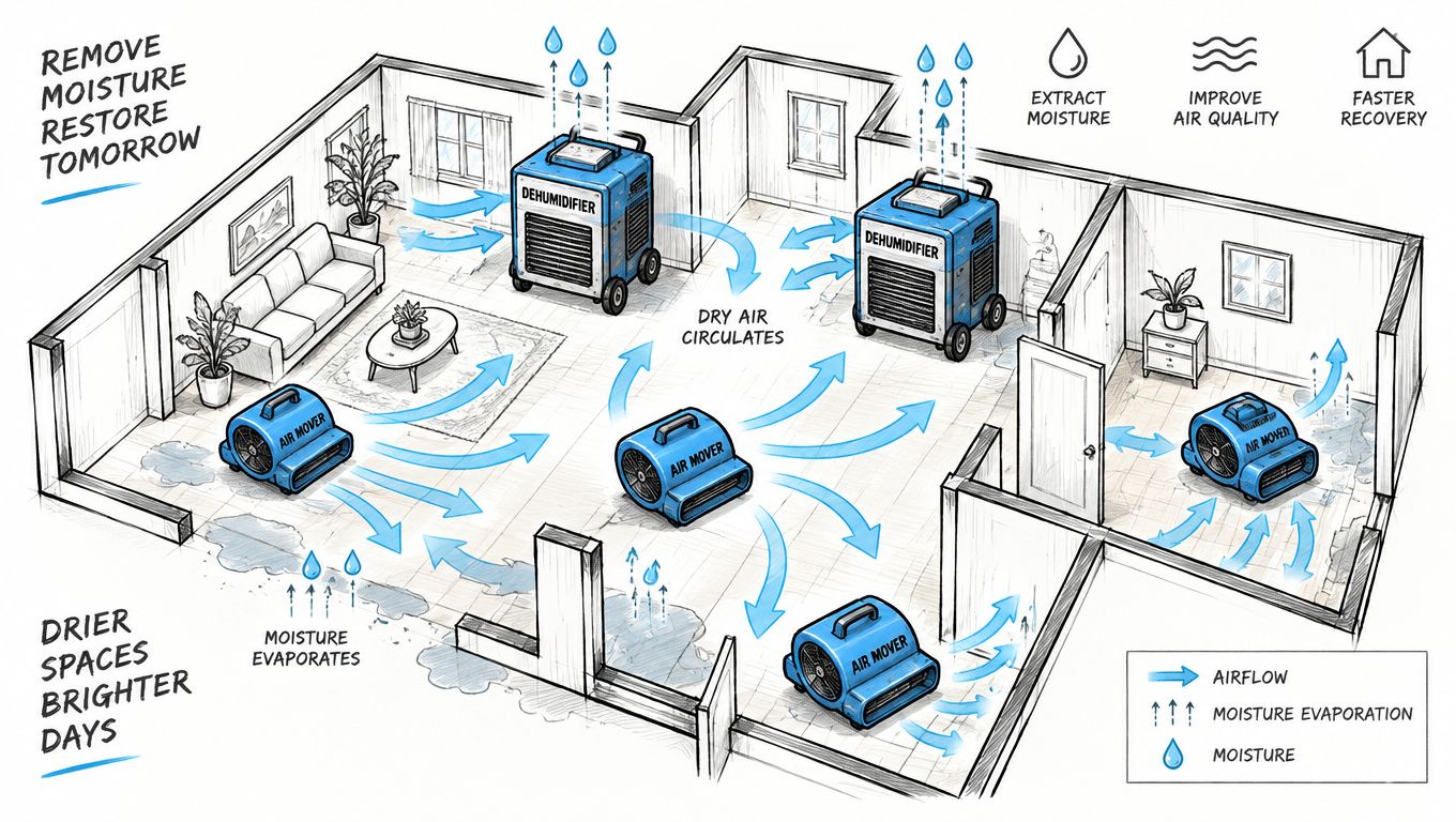 A diagram demonstrating professional water damage restoration equipment including air movers and dehumidifiers drying a house interior.