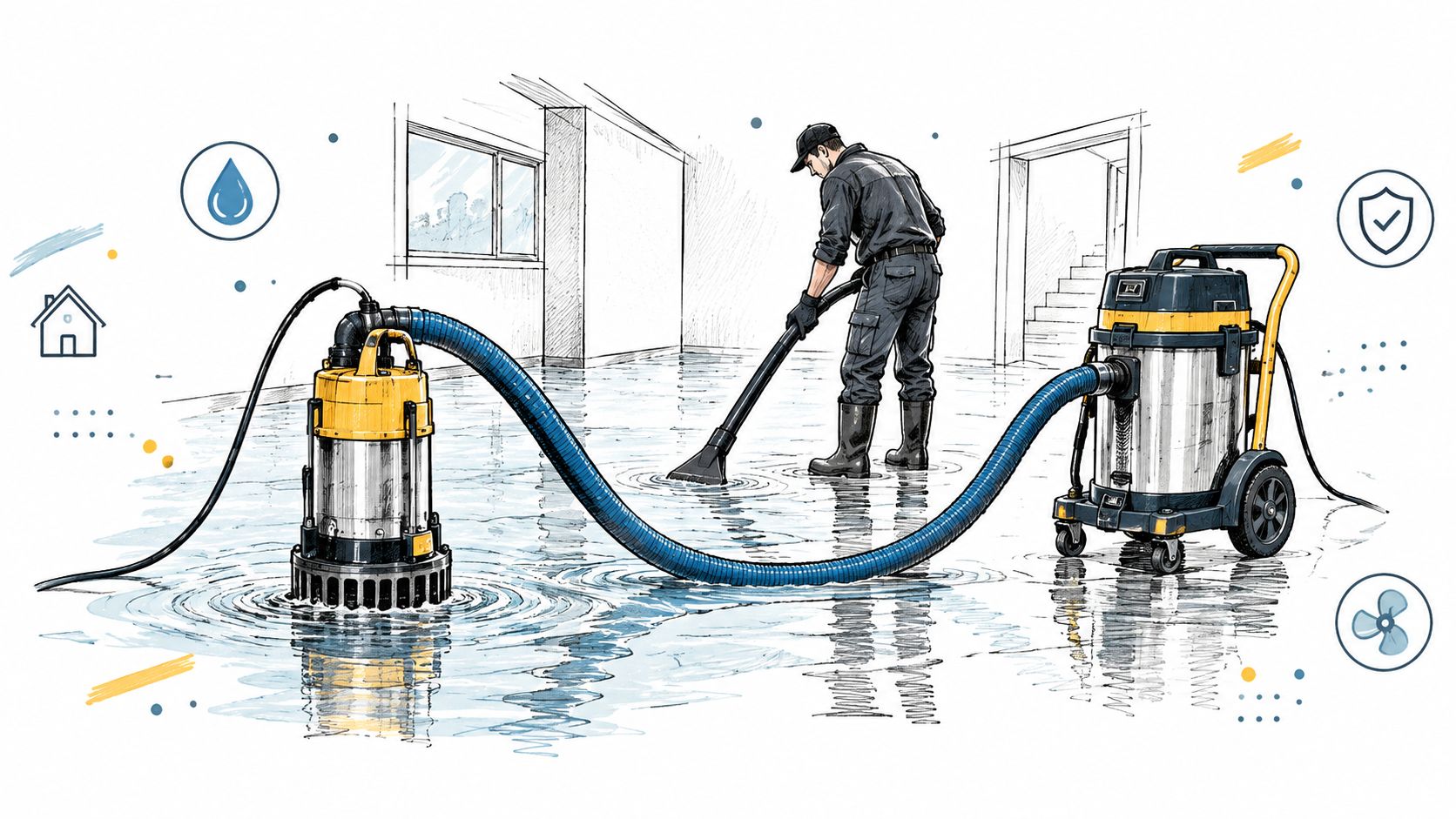 A professional technician using industrial equipment to clean and pump out floodwater from a residential building floor.