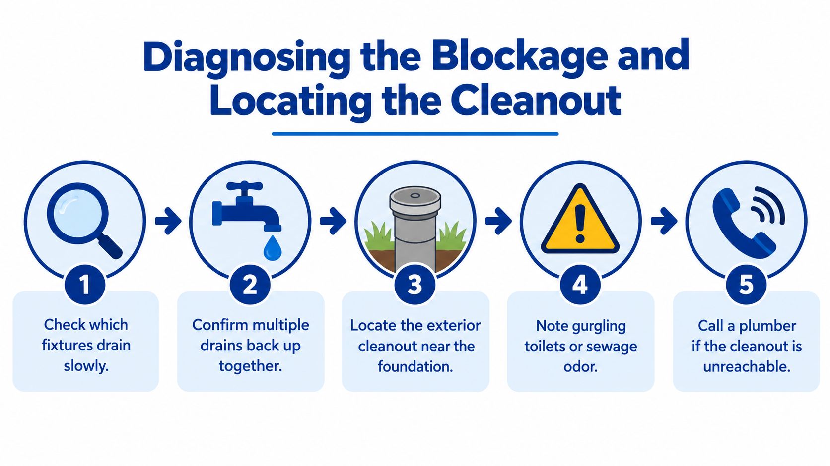 A five-step infographic showing how to diagnose a home plumbing blockage and locate the exterior cleanout.