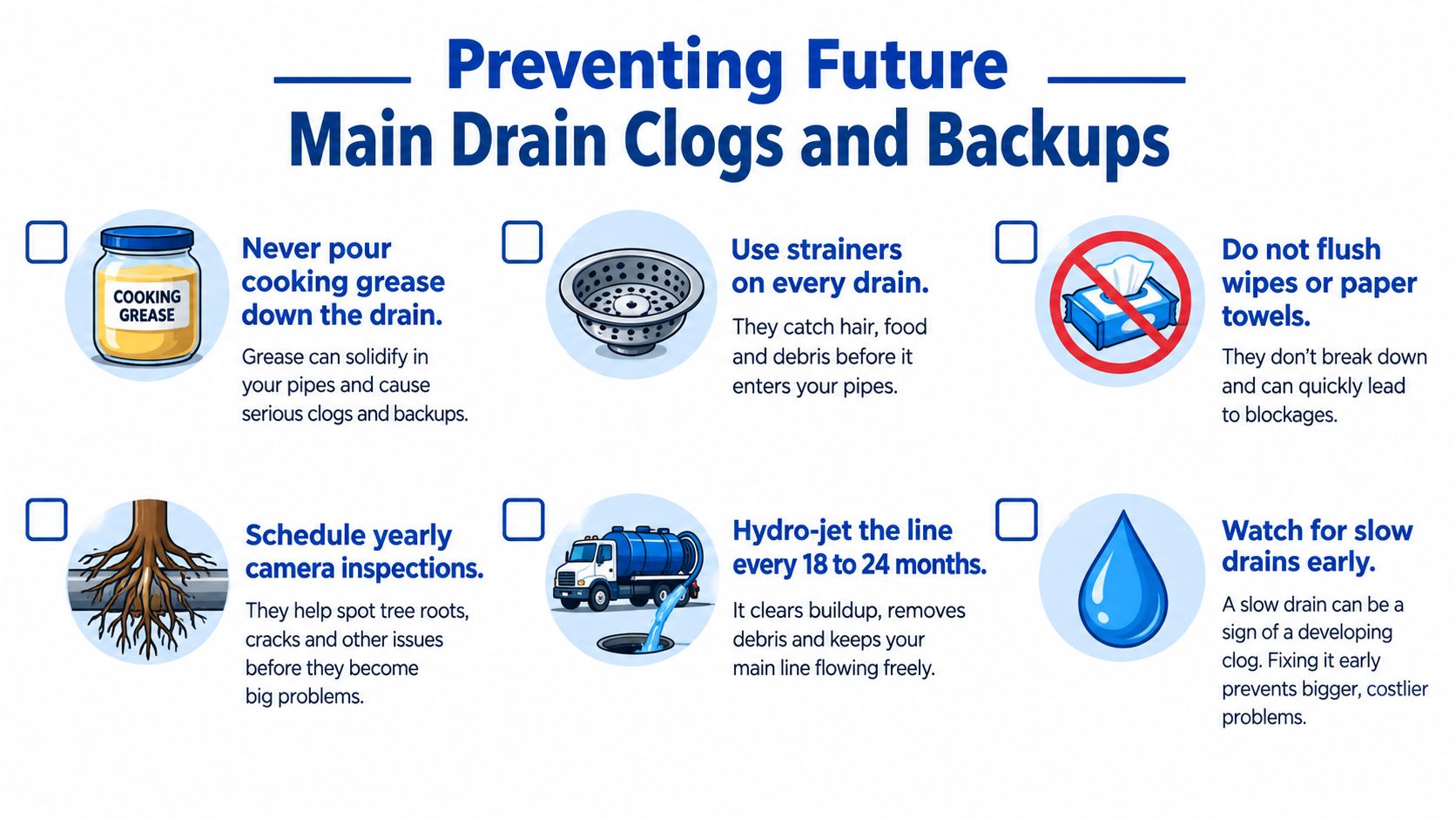 An infographic showing six helpful tips to prevent main drain clogs and sewage backups in homes.