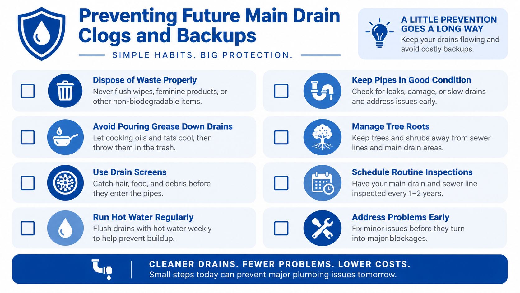 An infographic titled Preventing Future Main Drain Clogs and Backups, listing eight essential tips for plumbing maintenance.