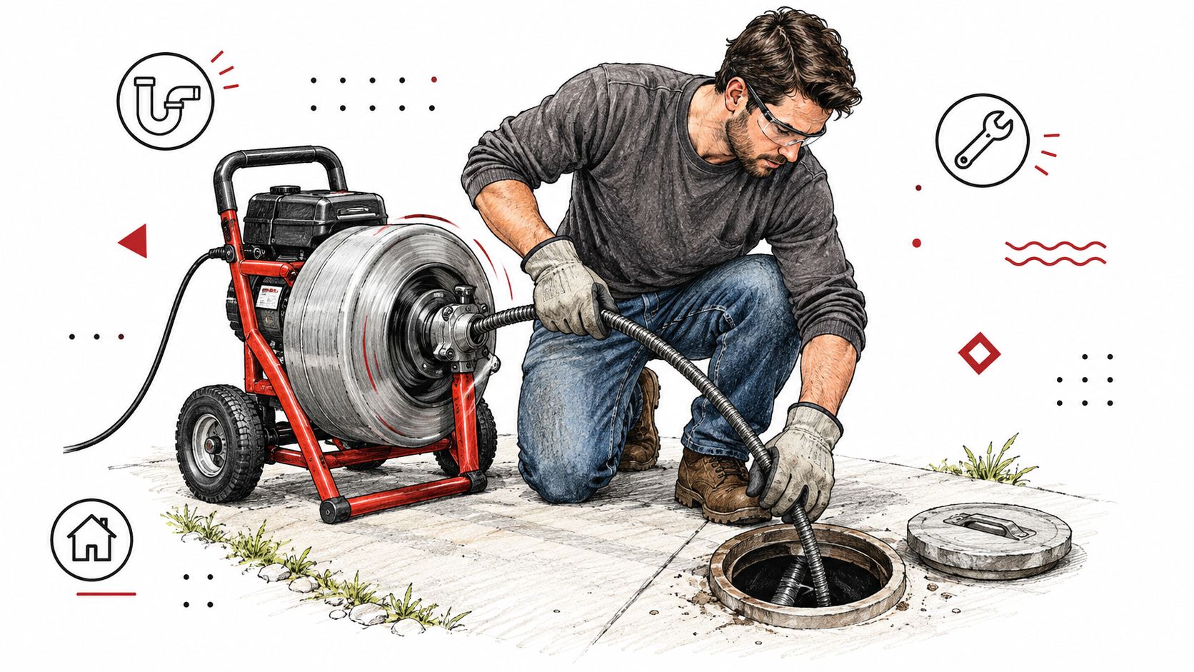 A professional plumber operating a drain cleaning machine to clear a main sewer line blockage.