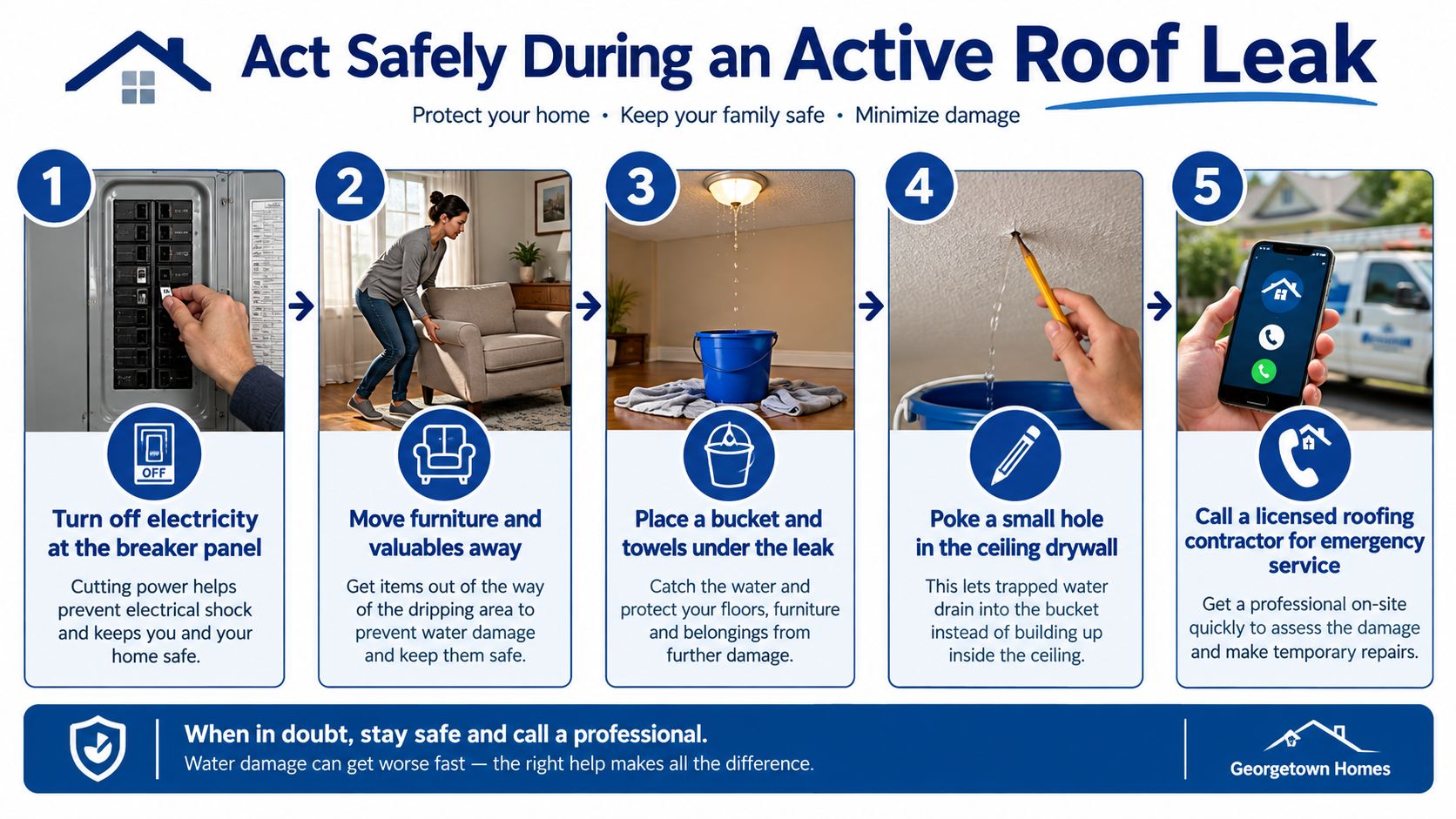 A five-step guide infographic showing how to safely handle an active roof leak at home.
