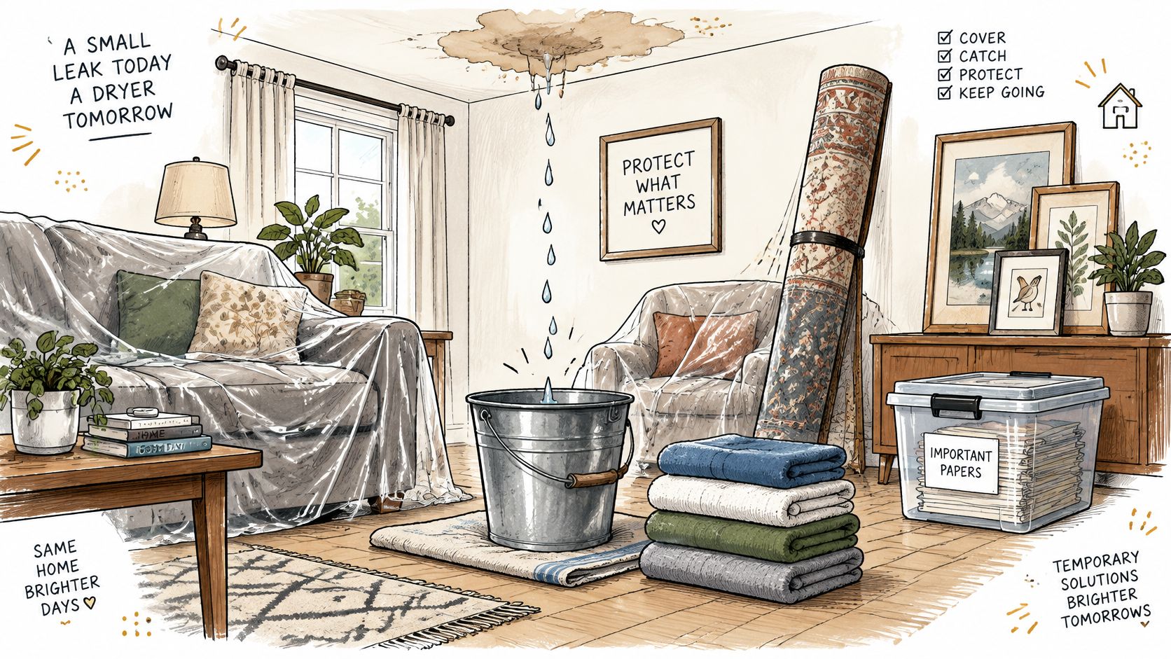 A living room interior with a leaking ceiling, covered furniture, and a bucket collecting water drips.