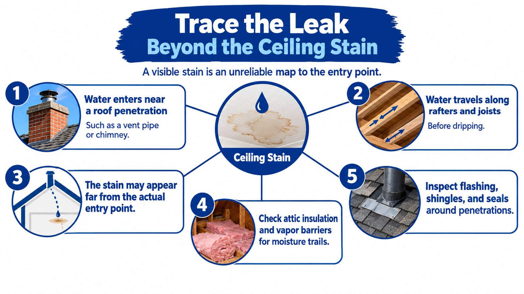 An infographic showing how to trace a water leak in a roof beyond a ceiling stain.