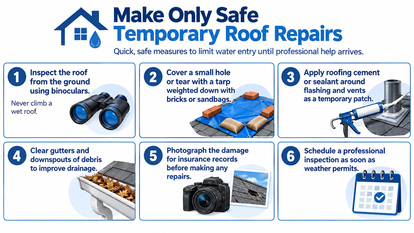 An infographic titled Make Only Safe Temporary Roof Repairs showing six steps to limit water damage safely.