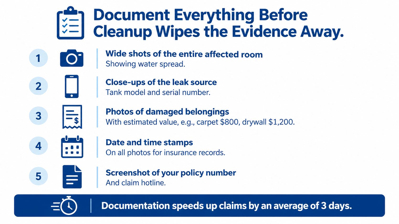 A checklist of five steps to document water damage before beginning any cleaning or repairs.
