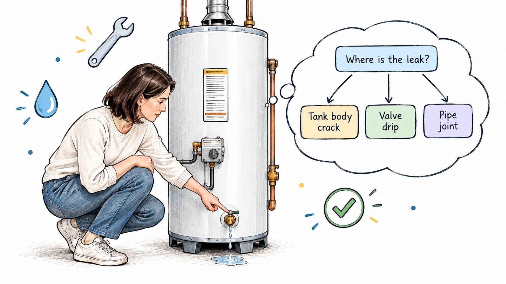 A woman inspecting a leaking water heater and contemplating potential leak sources like cracks, drips, or joints.