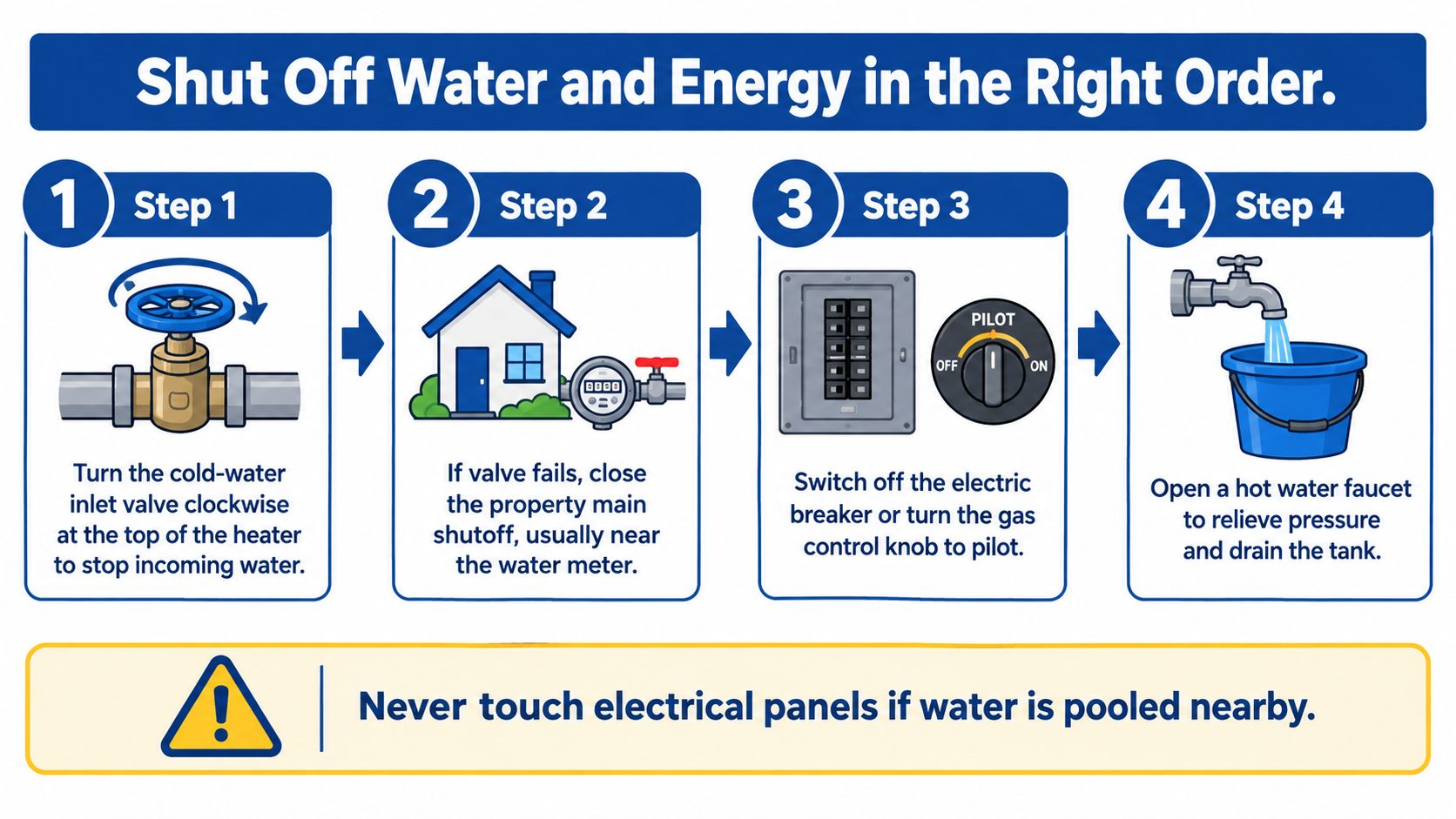 A four-step infographic illustrating how to safely shut off water and energy to a leaking water heater.
