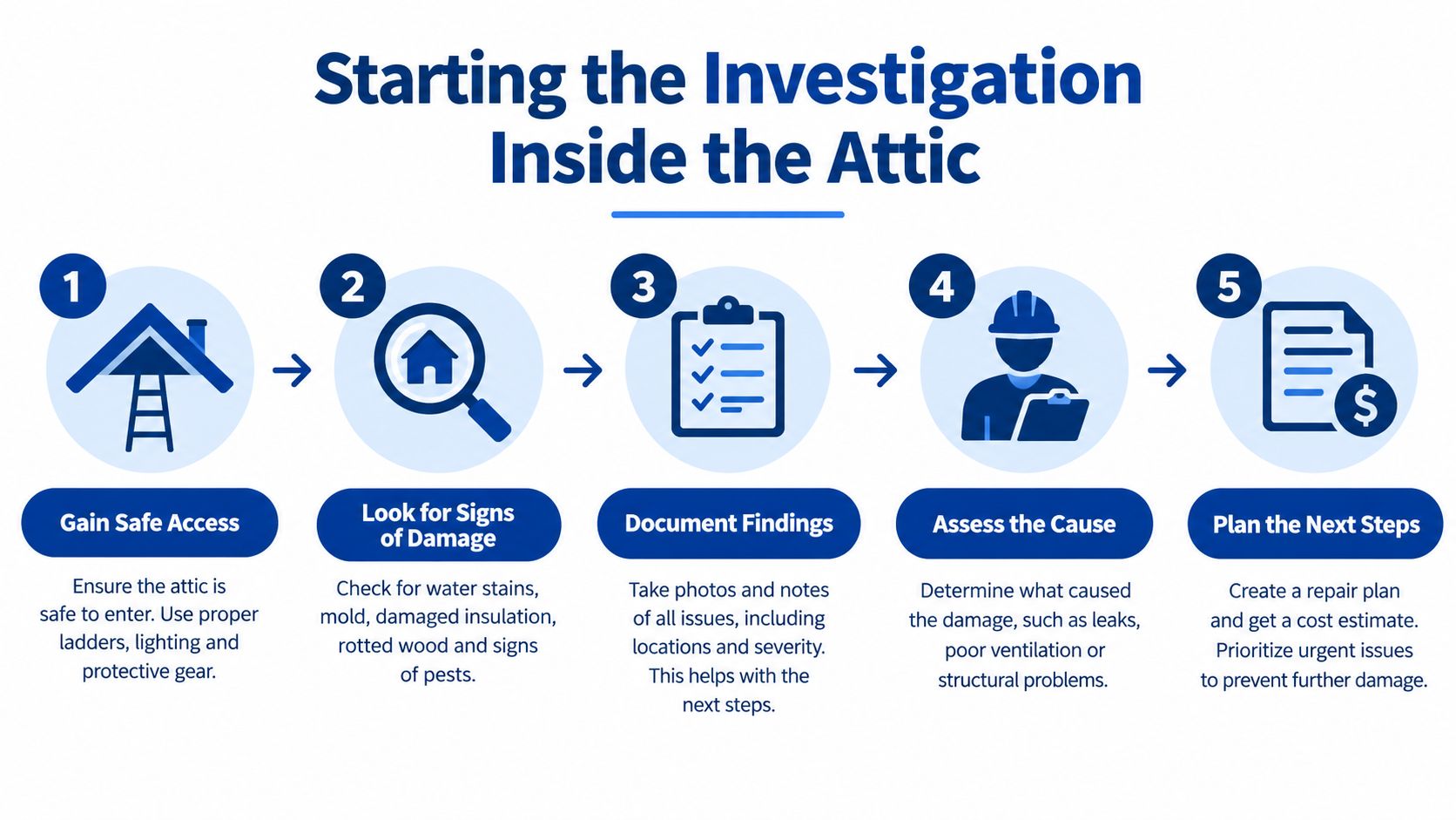 A step-by-step infographic titled Starting the Investigation Inside the Attic detailing inspection and maintenance procedures.