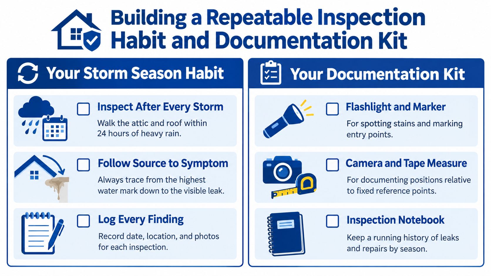 An infographic detailing a storm season inspection habit and the necessary documentation kit for identifying home leaks.