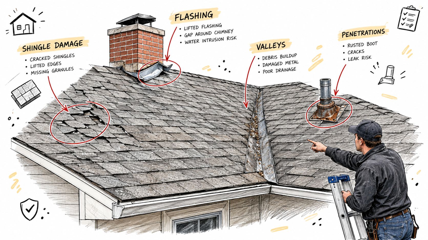 A roofing contractor inspects a damaged house roof while pointing out potential leaks and shingle maintenance issues.