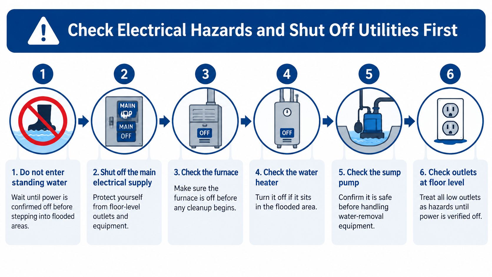 An infographic showing six essential safety steps for managing electrical hazards during basement flooding and water damage.
